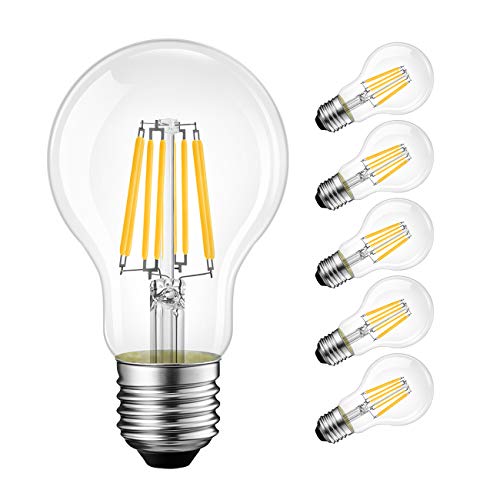 Product Cover A19 LED Vintage LED Filament Bulb E26 Base，LVWIT Dimmable 8W (60W Equivalent)，3000K Soft White 800 Lumens，Omnidirectional, UL-Listed, Pack of 6