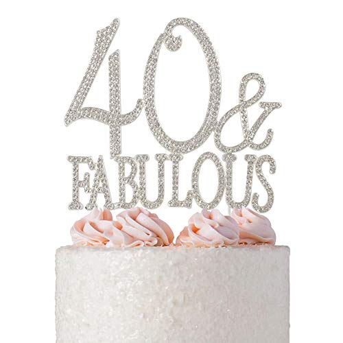 Product Cover 40 and Fabulous Rhinestone Cake Topper | Premium Sparkly Crystal Diamond Bling Gems | 40th Birthday Party Decoration Ideas | Quality Metal Alloy | Perfect Keepsake (40&Fab Silver)