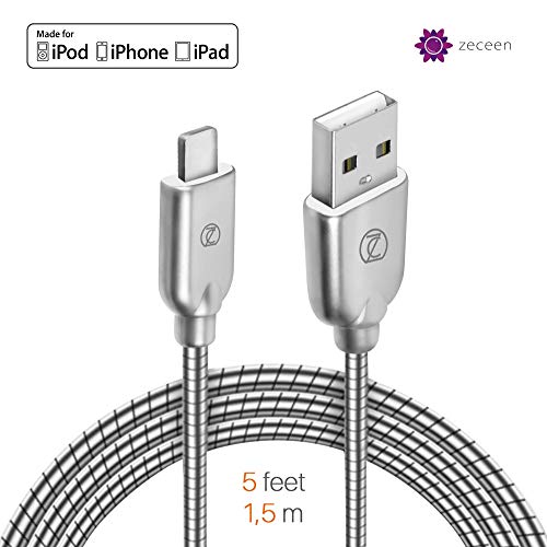 Product Cover ZECEEN Metal USB Lightning Cable - Fast Charging & Data Transfer Cord (5 ft) - Almost Unbreakable - Bending & Weather Resistant - Compatible with iPhone XS/XR/X/8/7/6s/6/5s/SE, iPad Pro/Air/Mini