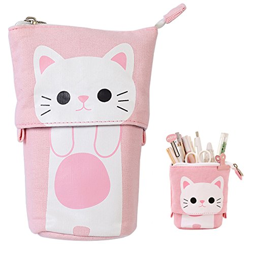 Product Cover iSuperb Transformer Stand Store Pencil Pouch Case Canvas PU Cartoon Cute Cat Telescopic Pencil Bag Stationery Box Case with Zipper Closure (Pink)