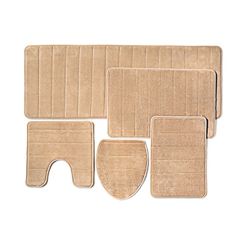 Product Cover Over the Floor Bathroom Rug Mat, 5-Piece Set Memory Foam, Extra Soft Non-Slip Back (Beige)