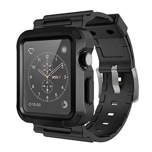 Product Cover Simpeak Rugged Protective Case with Black Strap Bands Compatible with Apple Watch Series 3 Series 2 42mm, Black