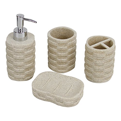 Product Cover Evelyne GMT-10003 Resin Sandstone Bathroom Amenity Accessory Set Included Dispenser, Soap Tray, Toothbrush Holder and Tumbler (Beige)