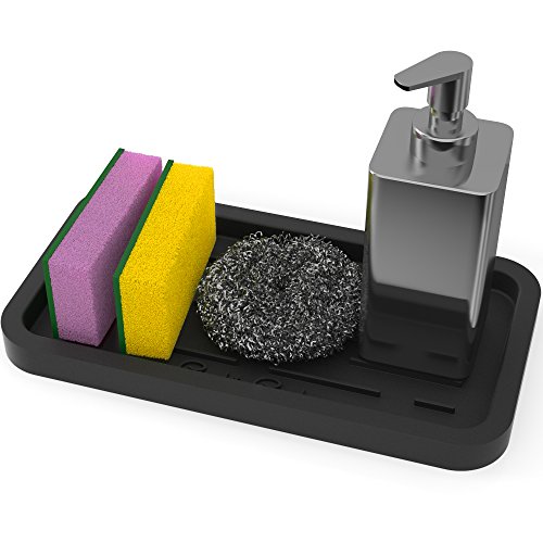Product Cover Sponge Holder - Kitchen Sink Organizer - Sink Caddy - Silicone Sink Tray - Soap Holder - Spoon Rest - Multipurpose Use (Black)