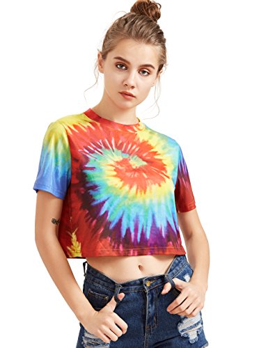 Product Cover SheIn Women's Tie Dye Print Round Neck Short Sleeve Crop T-Shirt Top