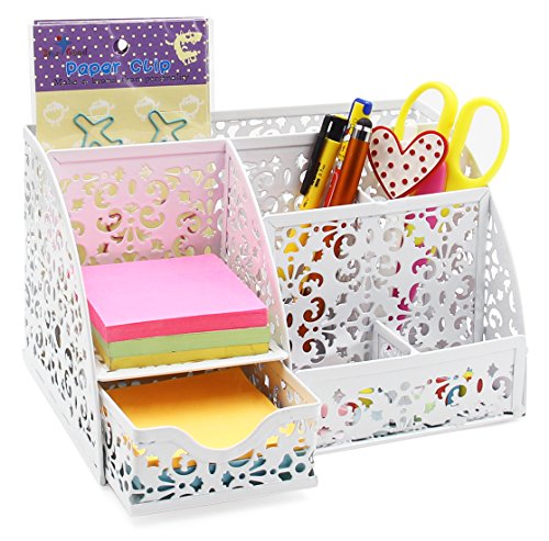 Product Cover EasyPAG Office Metal Desk Organizer 6 Compartments + Drawer Mixed Pattern Design White