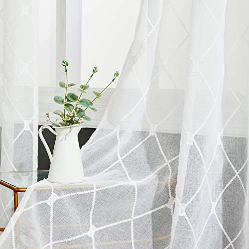 Product Cover Top Finel White Sheer Curtains 84 Inches Long Embroidered Diamond Grommet Window Curtains for Living Room Bedroom, 2 Panels