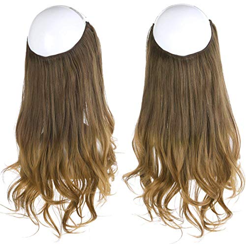 Product Cover Ombre Hair Extensions Brown Long Natural Wavy Curl Curly Halo Flip Natural Synthetic Hairpiece Hidden Wire Crown Headband Hair Pieces For Women Heat Friendly Fiber 18