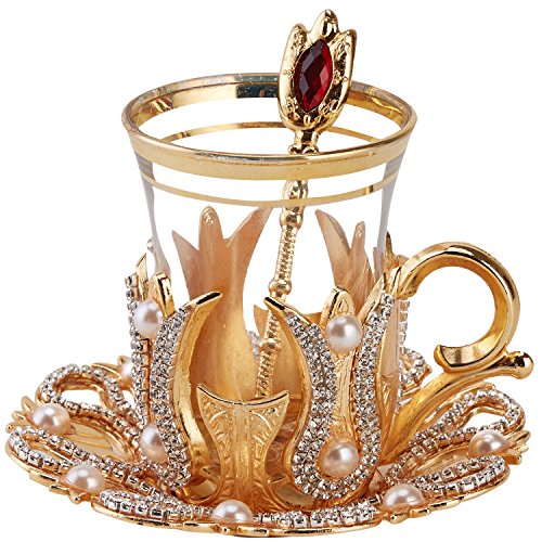 Product Cover (Set of 6) Turkish Tea Glasses Set with Saucers Holders Spoons, Decorated with Swarovski Type Crystals and Pearl,24 Pcs (Gold)