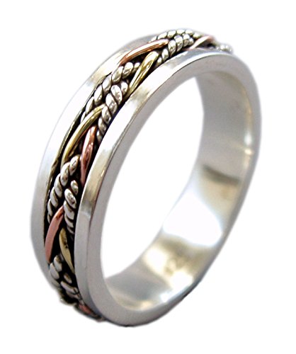 Product Cover Energy Stone Twine 5.5 mm Narrow Band Tri-Color Sterling Silver Meditation Spinner Ring (Style US40)