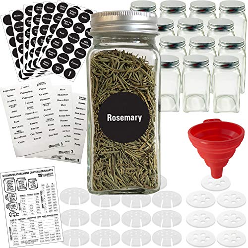 Product Cover Talented Kitchen 14 Glass Spice Jars w/2 Types of Preprinted Spice Labels. Commercial Grade, Complete Set: 14 Square Empty Jars 4oz, Pour/Sift & Coarse Shakers, Airtight Cap, Chalkboard & Clear Label