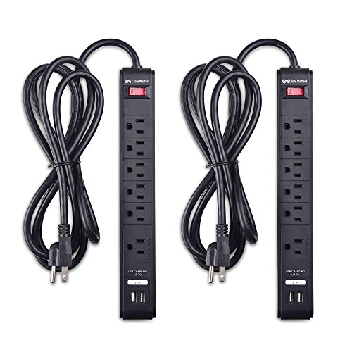Product Cover Cable Matters 2-Pack 6 Outlet Surge Protector Power Strip with USB Charging Ports, 300 Joules with 8 Foot Power Cord in Black