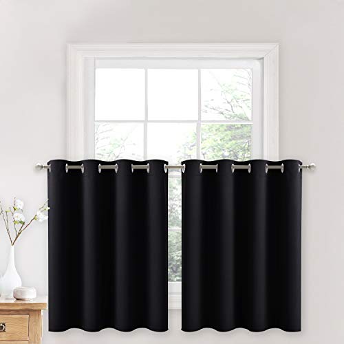 Product Cover NICETOWN Blackout Drapes for Small Window - Functional Plain Grommet-Top Curtain Panels for Cafe (Black, 2 Pieces per Package, W52 x L36 inches + 1.2 inches Header)