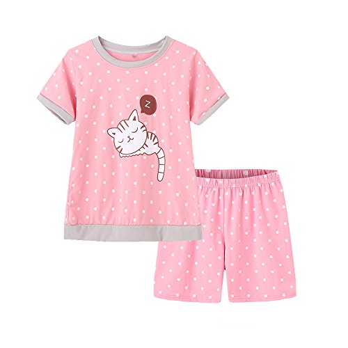 Product Cover MyFav Young Girls Pajama Cute Cat Pattern Nighty Comfy Shorts Cotton Sleepwear