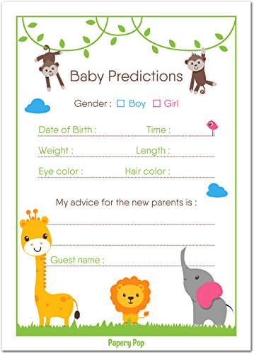 Product Cover Papery Pop 30 Baby Shower Prediction and Advice Cards, Boy or Girl - Baby Shower Games Decorations Activities Supplies Invitations - Safari Jungle Zoo Animals