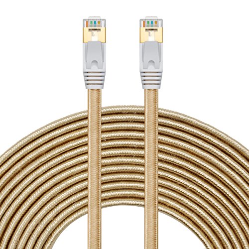 Product Cover Cat 7 Ethernet Cable 25 ft -SNANSHI Nylon Braided Cat7 Flat Internet Network LAN Patch Cable SSTP Shielded Gold Plated Ethernet Network Patch Cable for Modem, Router, Computer, PS4, Xobx -Gold