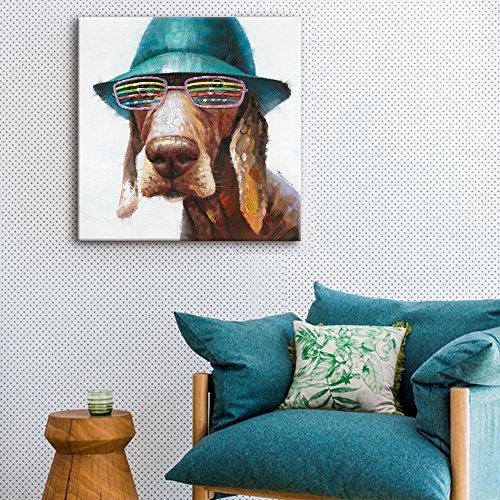Product Cover SEVEN WALL ARTS - Funny Dog Painting 100% Hand Painted Modern Cute Dog Wears Colorful Glasses Animal Artworks Stretched and Framed Ready to Hang for Home Decor 24 x 24 Inch