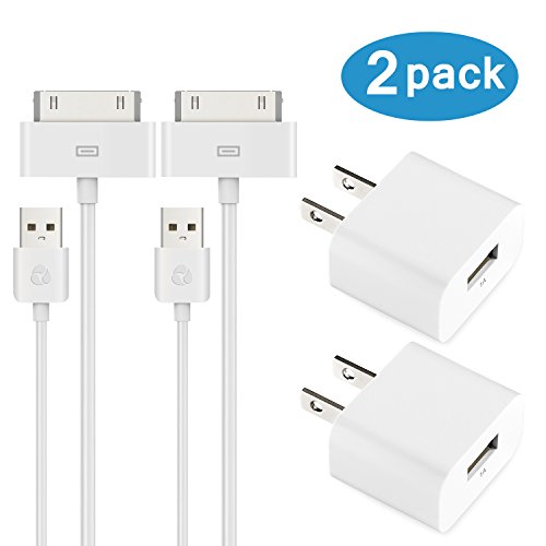 Product Cover ESK (TM) Certified 6 Feet 30 Pin USB Charging Cable with 5W USB Power Adapter for for iPhone 4/4s, iPhone 3G/3GS, iPad 1/2/3, iPod touch 1/2/3/4 (2 Pack)