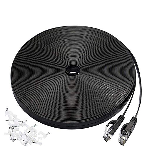 Product Cover Cat 6 ethernet Cable 50 ft, Flat Wire Rj45 High Speed Internet Network Cable Slim with Clips, Faster Than Cat5e/Cat5 with snagless Connectors for PS4, Xbox one, Switch Boxes, Modem, Router-Black(15M)