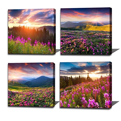 Product Cover Noah Art-Modern Landscape Art Print Posters, Sun Light Over Mountains Wall Art Pictures of Flowers on Canvas Print, 4 Piece Sunrise Canvas Art Ready to Hang Outdoor Wall Art for Bathroom Wall Decor