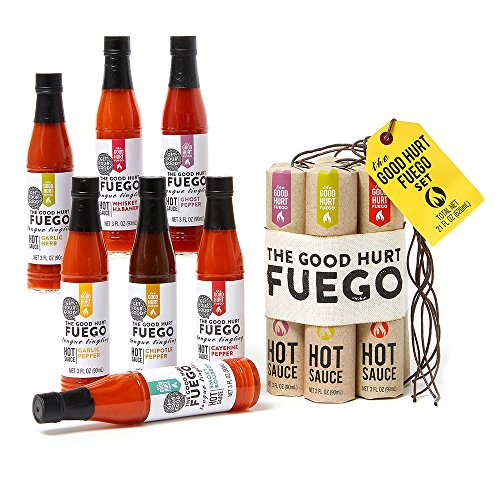Product Cover Thoughtfully Gifts, The Good Hurt Fuego: A Hot Sauce Gift Set for Hot Sauce Lover's, Sampler Pack of 7 Different Hot Sauces Inspired by Exotic Flavors and Peppers from Around the World