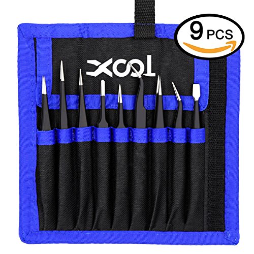 Product Cover XOOL ESD Tweezers Tools Kit, Precision Anti-Static Set of Tweezers, Non-Magnetic and Multi-Standard Stainless Steel Tweezers with Storage Bag for Lab, Electronics, Jewelry and Detailed Work