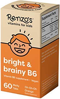 Product Cover Renzo's Vitamins Renzo's Bright & Brainy B6, Dissolvable Vitamins for Kids, Vegan, Zero Sugar, Oh-Oh-Oh Orange Flavor, 60 Melty Tabs, Vitamin B6 Supplement for Children