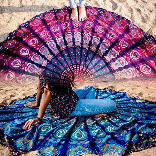 Product Cover Set of 2 Mandala Tapestry Hippie Indian Round Mandala Beach Blanket Picnic Table Cover Spread Boho Gypsy Cotton Tablecloth Beach Towel Meditation Rug Circle Yoga Mat - 72 Inches, Blue and Pink
