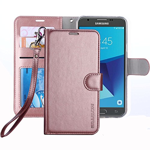 Product Cover ERAGLOW Galaxy J7 V 2017 / J7 Perx / J7 Sky Pro / J7 Prime/Galaxy Halo Case Luxury PU Leather Wallet Flip Protective Case Cover with Card Slots and Stand for Samsung Galaxy J7 2017 (Rose Gold)