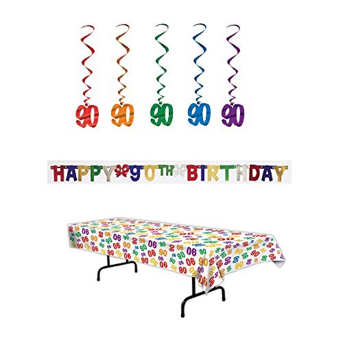 Product Cover 90th Birthday Party Decoration Kit: Bundle Includes Banner, Table Cover, and Whirls
