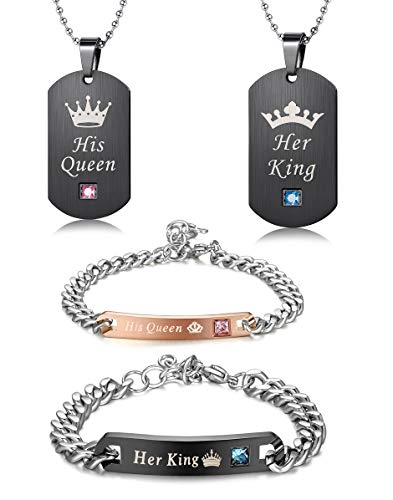 Product Cover LOYALLOOK Couples Necklaces Bracelets Set for Him and Her,His Queen Her King Couples Jewelry Set Gifts for Lover