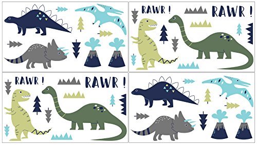 Product Cover Blue and Green Modern Dinosaur Girl or Boy Baby and Kids Wall Decal Stickers - Set of 4 Sheets