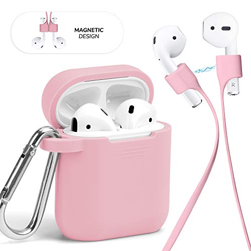 Product Cover GMYLE AirPod Case Accessories Set, Protective Silicone Cover Skin with Keychain, Magnetic Strap Kit for Airpods Wireless Charging Bluetooth Earbuds Case, Compatible with Apple AirPods 1 & 2, Baby Pink
