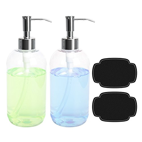 Product Cover ULG Soap Dispensers Bottles 16oz Countertop Lotion Clear with Stainless Steel Pump Empty BPA Free Liquid Hand Soap Dispenser Boston Round Plastic Press Bottle 2 Piece