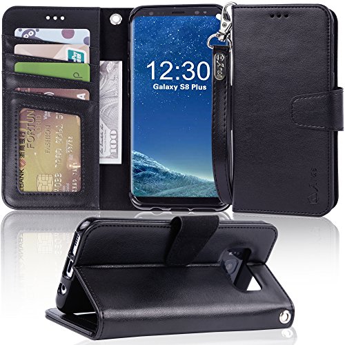 Product Cover Arae Case Compatible for Samsung Galaxy S8 Plus / S8+, [Wrist Strap] Flip Folio [Kickstand Feature] PU Leather Wallet case with ID&Credit Card Pockets (NOT for Galaxy s8) (Black)