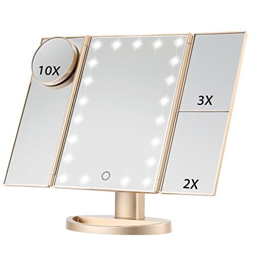 Product Cover Magicfly Lighted Makeup Mirror, 10X 3X 2X 1X Magnifying Vanity Mirror with Lights, 21 LED Tri-Fold Mirror with Touch Screen, Stand & Brightness Adjustable, Travel Magnifying Mirror, Gold
