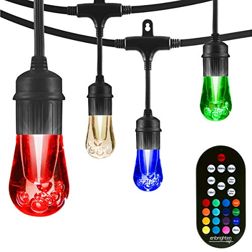 Product Cover Enbrighten Vintage Seasons LED Warm White & Color Changing Café String Lights, Black, 24ft., 12 Premium Impact Resistant Lifetime Bulbs, Wireless, Weatherproof, Indoor/Outdoor, Commercial Grade, 37791