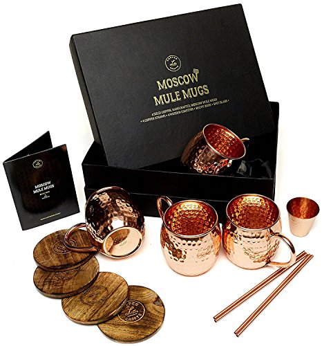 Product Cover Moscow Mule Copper Mugs Set - 4 Authentic Handcrafted Copper Mugs (16 oz.) with 2 oz. Shot Glass, 4 Straws, 4 Solid Wood Coasters and Recipe Book - Gift Box Included