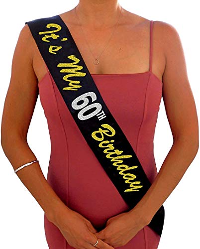 Product Cover Its My 60th Birthday Black and Gold Glitter Satin Sash - Happy 60th Birthday Party Supplies, Ideas and Decorations- Funny Birthday