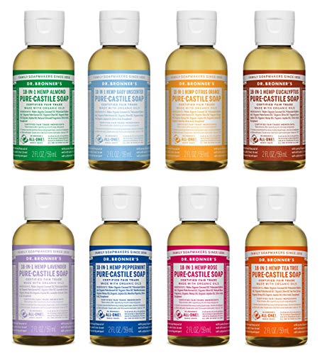 Product Cover Dr. Bronner's 2 Ounce Sampler- 8 Piece Gift Set. 8, 2 Ounce Castile Liquid Soaps in Almond, Unscented, Citrus, Eucalyptus, Tea Tree, Lavender, Rose, and Peppermint