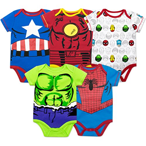 Product Cover Marvel Baby Boys' 5 Pack Bodysuits - The Hulk, Spiderman, Iron Man and Captain America