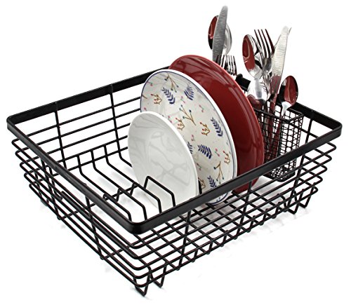 Product Cover TQVAI Kitchen Dish Drainer Drying Rack with Full-Mesh Silverware Storage Basket, Black
