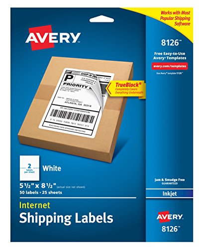 Product Cover Avery Shipping Address Labels, Inkjet Printers, 250 Labels, Half Sheet Labels, Permanent Adhesive, TrueBlock (5-pack 8126)