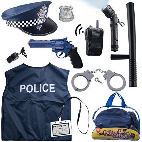 Product Cover 12 Pcs Police Costume for kids with Toy Role Play Kit with police badge, handcuffs,kids flashlight for Cop Costume, great for HALLOWEEN costume, FBI,Detective,Swat, and Kids Dress-up clothes