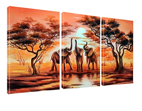 Product Cover Amoy Art -3 Piece Wall Art African Elephants Canvas Prints on Canvas Wall Art Landscape Pictures Paintings Artwork Stretched and Framed for Living Room Home Décorations (12x16inch x3)