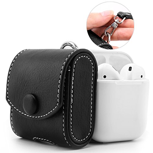Product Cover MoKo AirPods Case, Magnetic Snap Closure Protective Cover Carrying Pouch Pocket, with Holding Strap, Leather Protective Cover Shell Skin Storage for Apple AirPods 1 Charging Case - Black