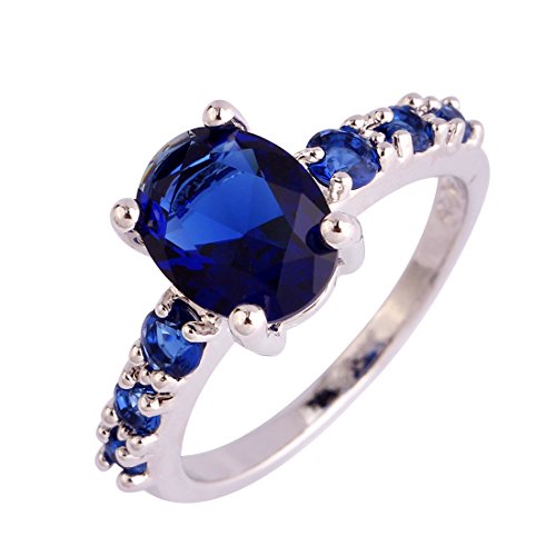 Product Cover Emsione Women's 925 Silver Plated Created Sapphire Quartz 4-Prong Oval Cut CZ Statement Eternity Ring Color Blue Size 7