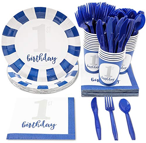 Product Cover Boys First Birthday Party Supplies - Serves 24 - Includes Plates, Knives, Spoons, Forks, Cups and Napkins. Perfect 1st Birthday Party Pack for Kids Boy Birthday Themed Parties.