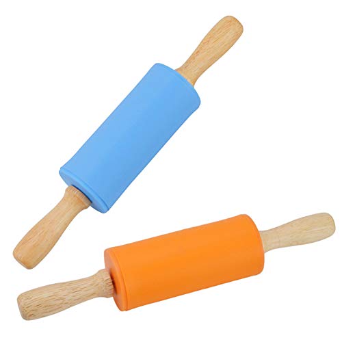 Product Cover Mini Rolling Pin, 2 Pack Kids Size Wooden Handle Rolling Pin Non-Stick Silicone Rolling Pins for Home Kitchen Children Cake 9 Inch by Koogel