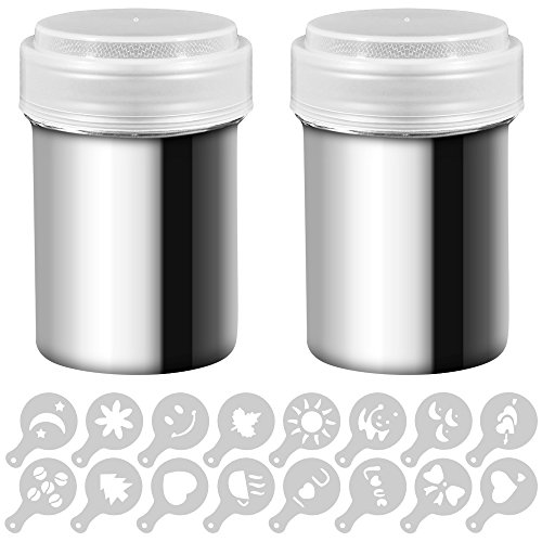 Product Cover 2 Stainless Steel Powder Shakers, SENHAI Mesh Shaker Powder Cans for Coffee Cocoa Cinnamon Powder with Lid, with 16 pcs Printing Molds Stencils